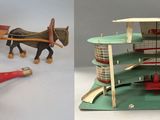 two different types of toys that include a horse drawn carriage and a model airplane