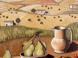 un tableau représentant une table sur laquelle sont posés des fruits et un pichet