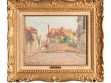 une image d'une peinture représentant une scène de rue dans un cadre doré