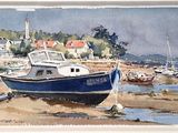 a painting of a boat on the beach with houses in the background