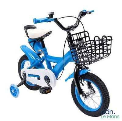 un petit vélo bleu avec un panier à l'arrière