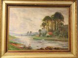 tableau représentant un paysage avec une rivière et des arbres, dans un cadre doré