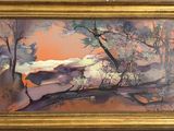 une image représentant un tableau représentant un paysage avec des arbres et des rochers