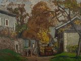 a painting of a farm scene with a horse drawn carriage