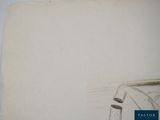 an old drawing of a man sitting on a chair in a room
