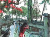 tableau représentant une femme en robe rouge marchant sur un trottoir