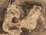 drawing of two nudes sitting on the ground, one of which is holding a cigarette