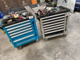 two tool boxes and a tool cart in a garage