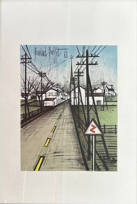 dessin représentant une rue avec, en arrière-plan, des lignes électriques et des poteaux téléphoniques