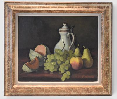 painting of a still life of fruit and a pitcher on a table