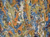 an abstract painting of blue, orange, and white paint on a black background