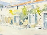 a watercolor painting of a street scene with buildings