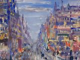 an oil painting of a city street filled with lots of people