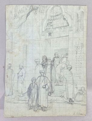 un vieux dessin représentant un groupe de personnes debout devant un bâtiment