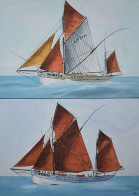 deux photos d'un tableau représentant un voilier en mer
