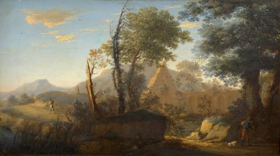 tableau représentant un paysage boisé avec, au premier plan, un homme et un chien