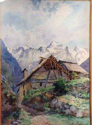 une photo d'un tableau représentant une maison à la montagne