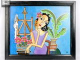 tableau représentant une femme assise sur une chaise, avec une fleur dans les cheveux