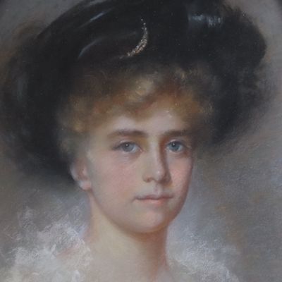 portrait of a woman with a black hat and a white dress