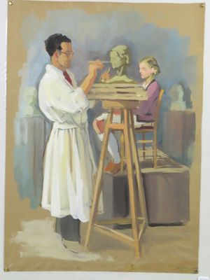 a painting of a man and a woman working on a sculpture