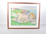 aquarelle encadrée représentant une scène de plage avec des rochers et de l'herbe
