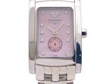 a close up of a ladies ' s wrist watch with a pink dial