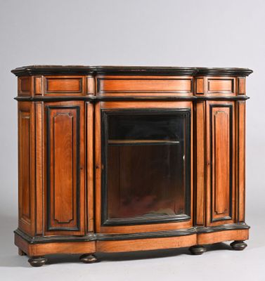 an image of a wooden cabinet with a mirror on top of it