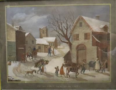 a picture of a painting of people and horses in the snow