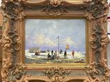 painting of a beach scene with people on the sand and a boat in the water