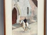 tableau représentant un homme à cheval, sur un cheval blanc, devant une église