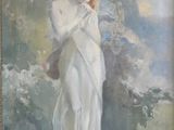 une peinture à l'huile représentant une femme en robe blanche tenant une fleur