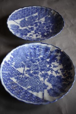 deux assiettes bleues et blanches posées sur une table