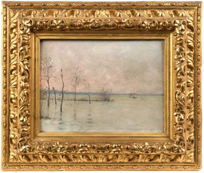un tableau représentant une scène fluviale avec des arbres dans l'eau