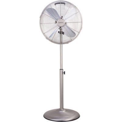 a silver fan on a metal stand with a white background