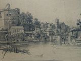 dessin représentant une rivière avec un château en arrière-plan
