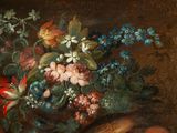 a painting of flowers and fruit in a vase on a table