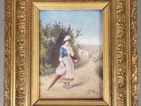 tableau représentant une femme avec un panier de fleurs, dans un cadre doré