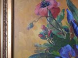 a painting of flowers in a vase on a table
