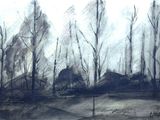 dessin représentant un paysage en noir et blanc avec des arbres au premier plan