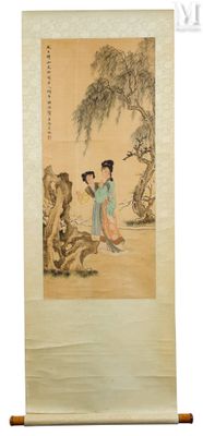 peinture chinoise sur rouleau représentant une femme et un lion