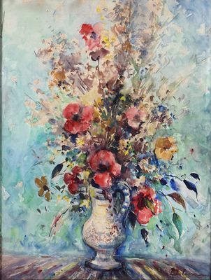 peinture d'un vase de fleurs sur une table à fond bleu