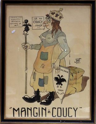 painting of a woman holding a broom and a sign that says mangin ' a guy