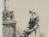 dessin représentant une femme assise par terre à côté d'une statue