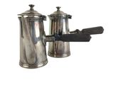 pair of silver coffee pots with handles on a white background