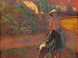 painting of a man riding a cow in a field with a village in the background
