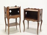 pair of antique wooden nightstands with open shelves on each side