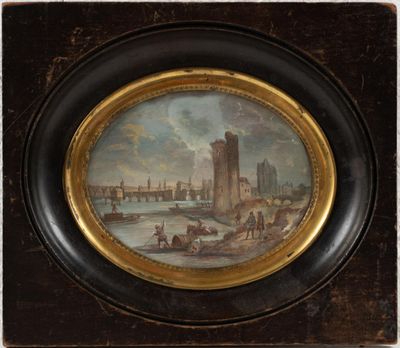 tableau représentant une vue de ville avec un pont en arrière-plan