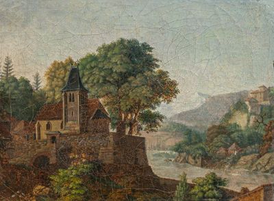 painting of a castle on a hill with a river in the foreground