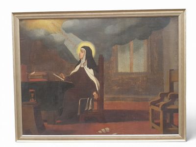 an image of a painting of a nun sitting at a desk