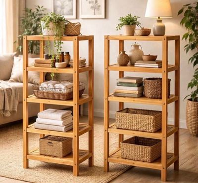 deux étagères en bois sur lesquelles sont posés des paniers, dans un salon